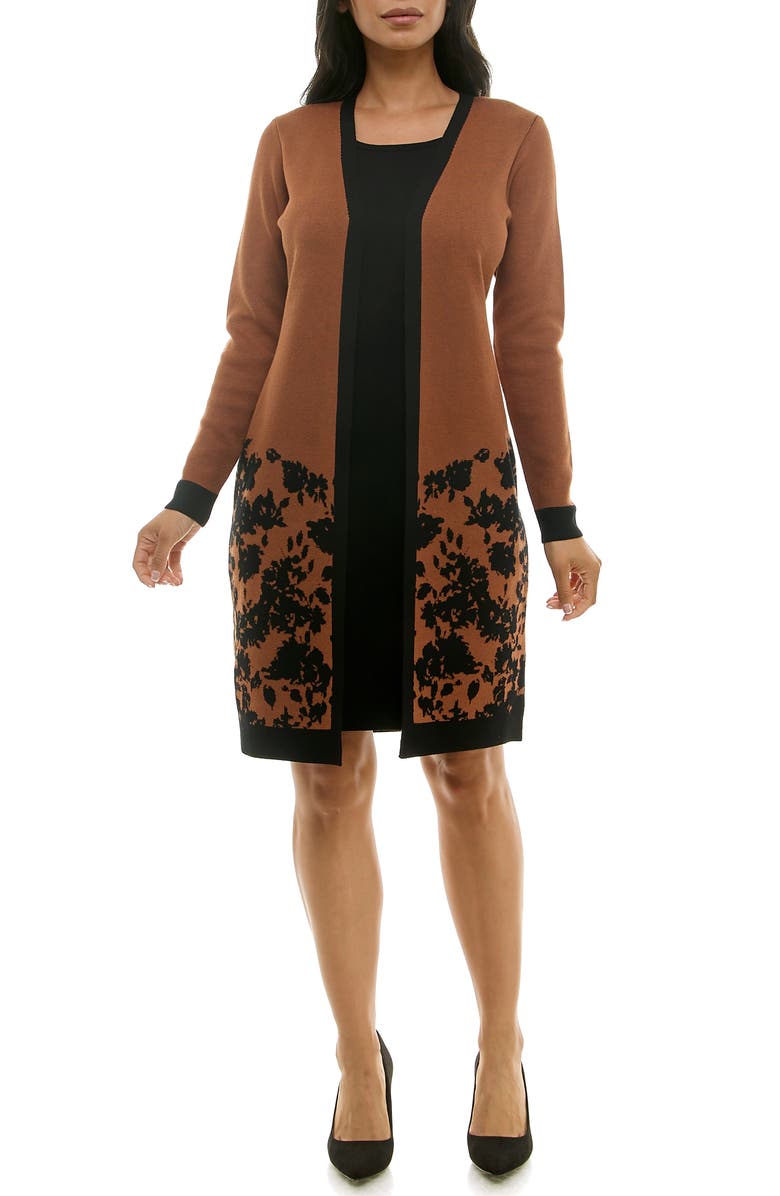 Nina Leonard Long Sleeve Twofer Dress, Main, color, Cognac/ Black