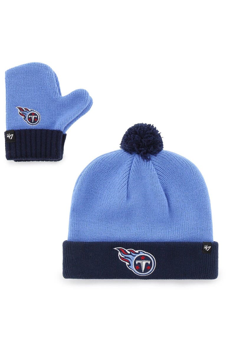 '47 Toddler '47 Light Blue/Navy Tennessee Titans Bam Bam Cuffed Knit Hat with Pom and Mittens Set, Main, color, 