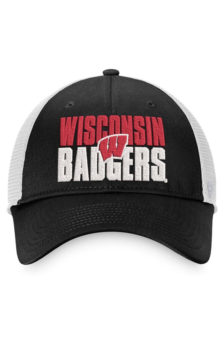 Men's Top of the World Black/White Wisconsin Badgers Stockpile Trucker Snapback Hat, Alternate, color, Black