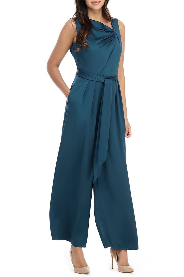 Asymmetrical Wide Leg Satin Jumpsuit, Main, color, NITE PINE