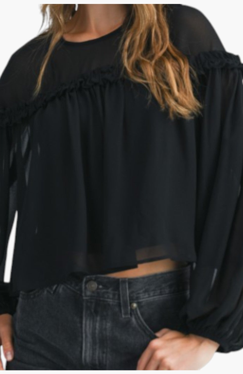 Modenaire Sheer Long Sleeve Blouse With Ruffled Trim And Flowing Silhouette In Black