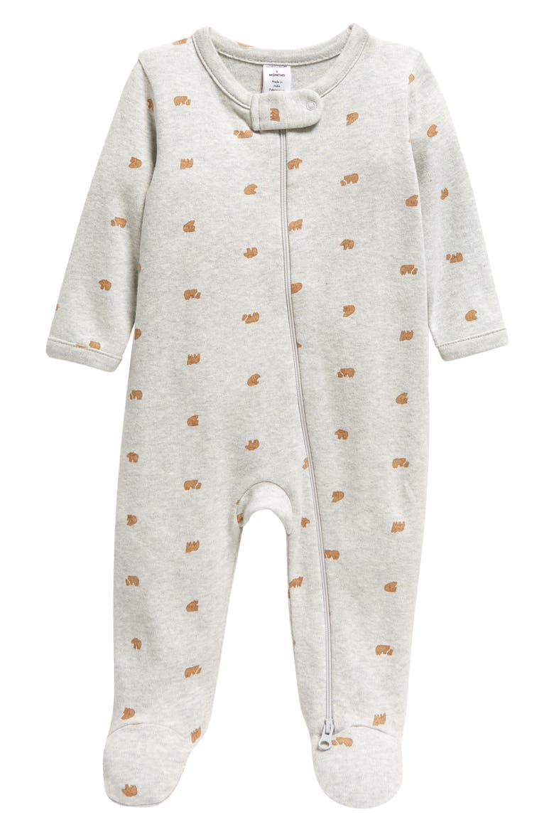 Print Zip Cotton Footie, Main, color, GREY HEATHER BEARS