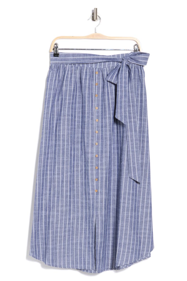 Stripe Tie Waist Linen Blend Midi Skirt, Alternate, color, DENIM