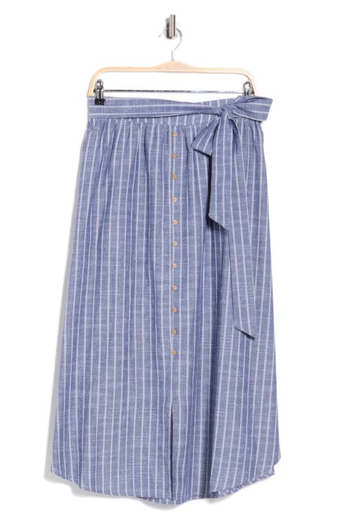 Stripe Tie Waist Linen Blend Midi Skirt (Plus)