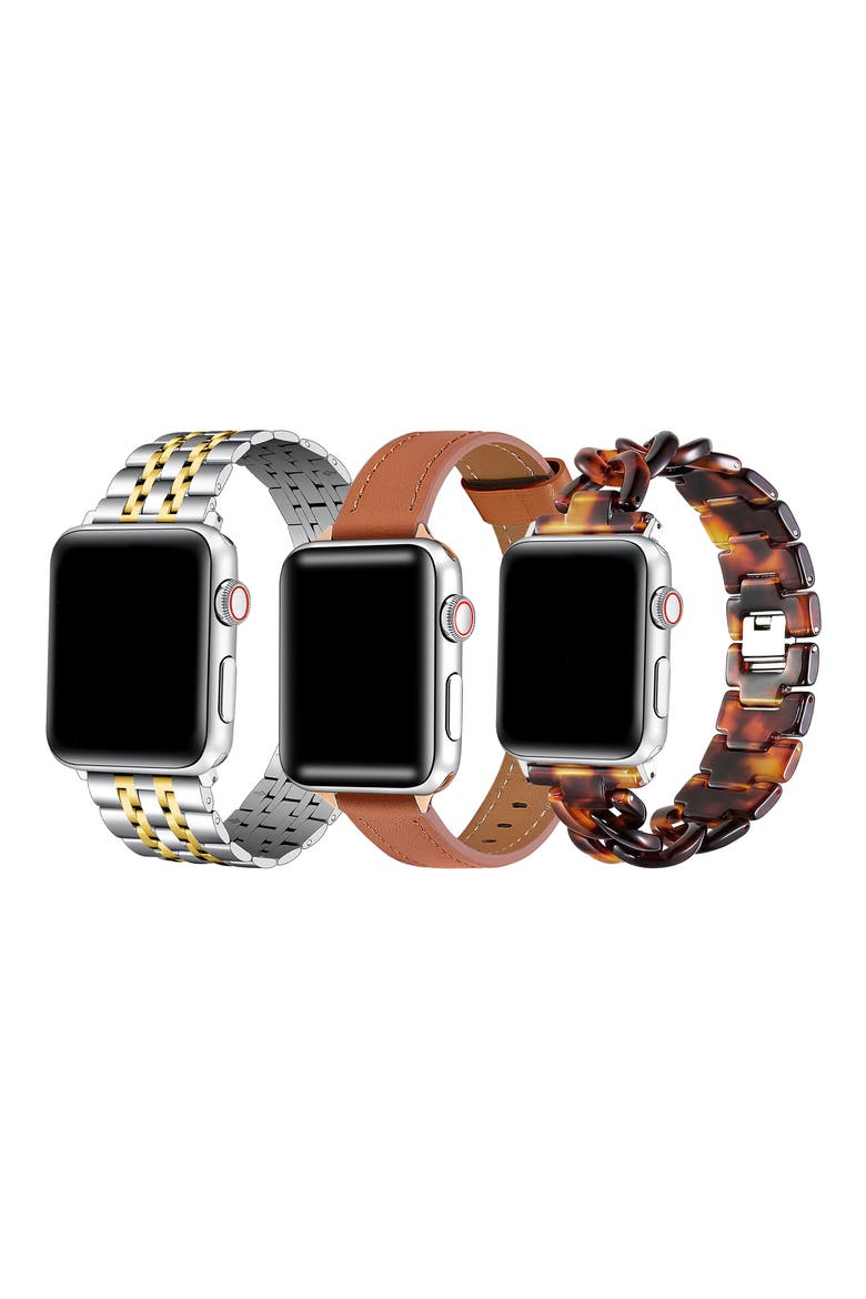 Set of 3 Apple Watch® Watchbands, Alternate, color, BROWN/ METTALIC BROWN/ SILVER