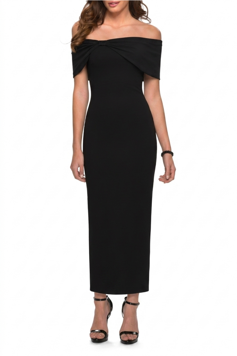 Built In Shapewear Off the Shoulder Column Midi Dress, Main, color, Jet