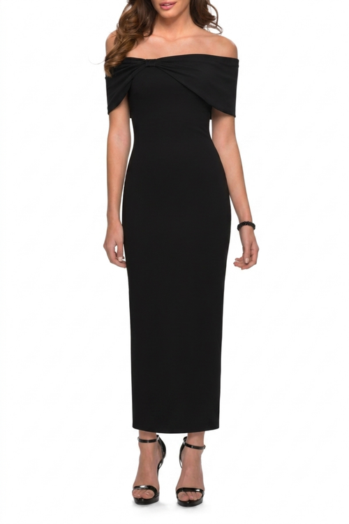 Popilush Built In Shapewear Off the Shoulder Column Midi Dress in Jet at Nordstrom, Size Medium