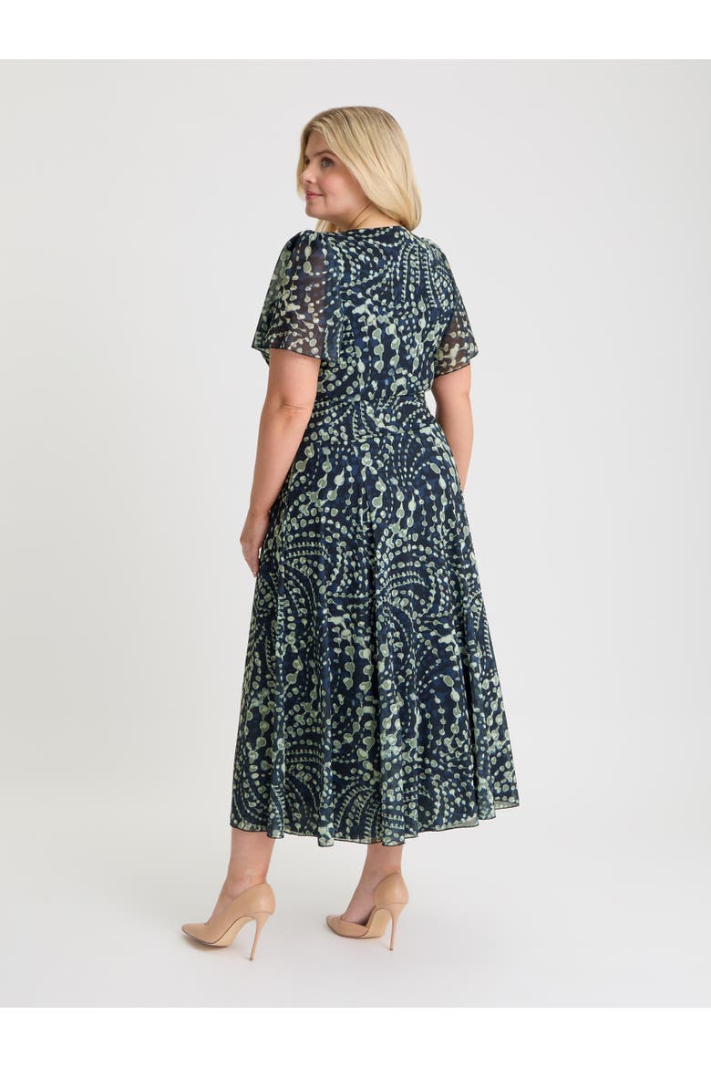 Liz Printed Wrap Bodice Midi Dress, Alternate, color, Navy Cream