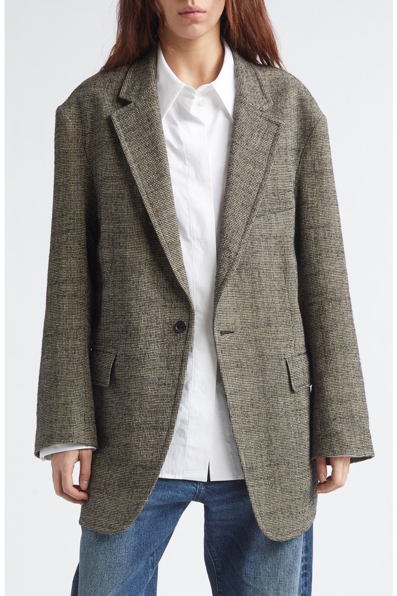 Oversize Ragged Houndstooth Linen & Virgin Wool Blazer, Main, color, KHAKI BLACK MINI HOUNDSTOOTH