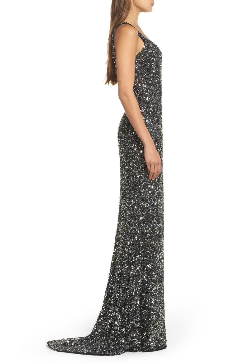 Sequin Slit Gown, Alternate, color, BLACK