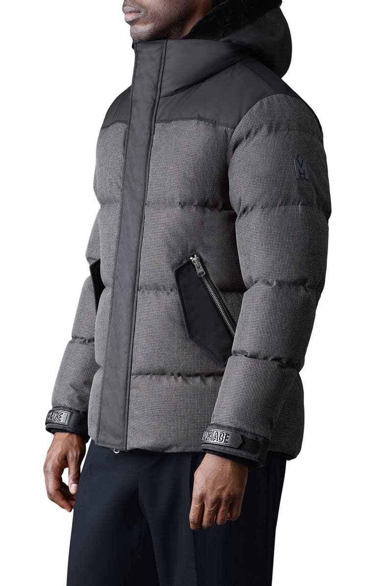 Mackage Riley Down Jacket with Genuine Shearling Hooded Bib, Alternate, color, Carbon Multi-Black