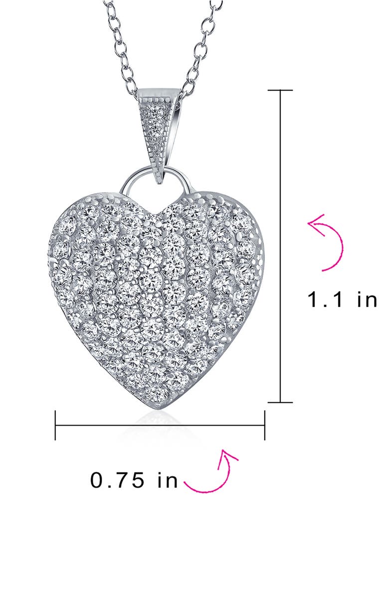 BLING JEWELRY Rhodium Plated Sterling Silver Pavé CZ Heart Pendant Necklace, Alternate, color, Clear