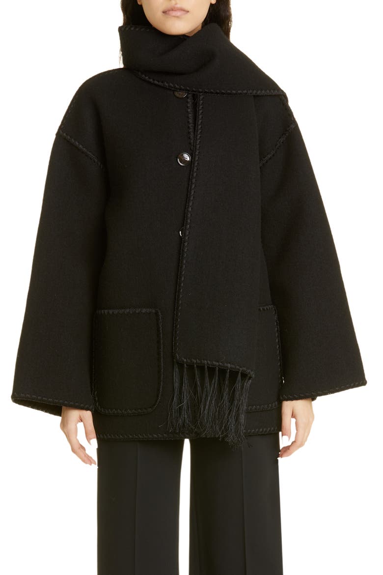 Totême Chain Stitch Wool Blend Scarf Jacket, Main, color, BLACK