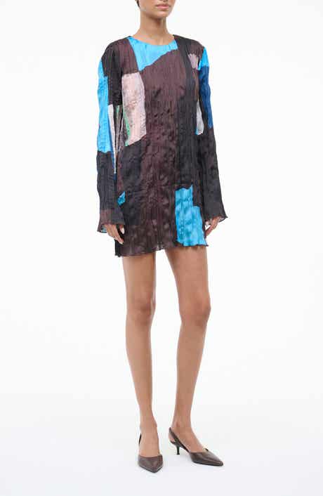Kona Colorblock Long Sleeve Crinkle Satin Minidress