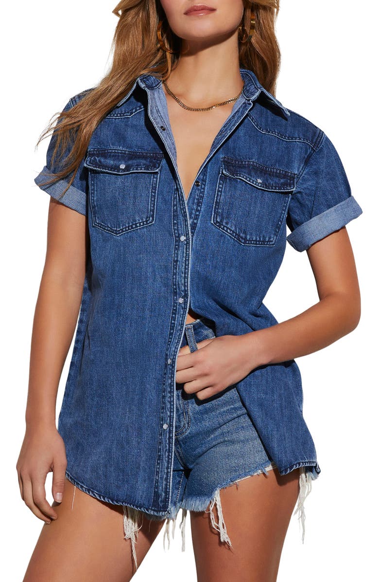 VICI Collection Ricky Cuff Short Sleeve Denim Snap-Up Shirt, Main, color,