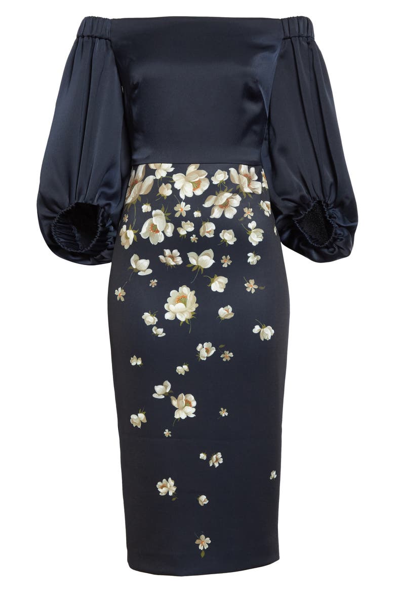 Pearl Floral Off the Shoulder Midi Dress, Alternate, color, NAVY