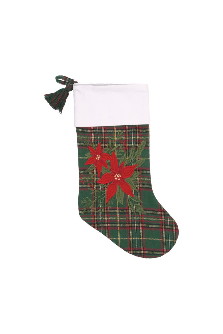 Poinsettia Plaid Christmas Stocking, Main, color, Green