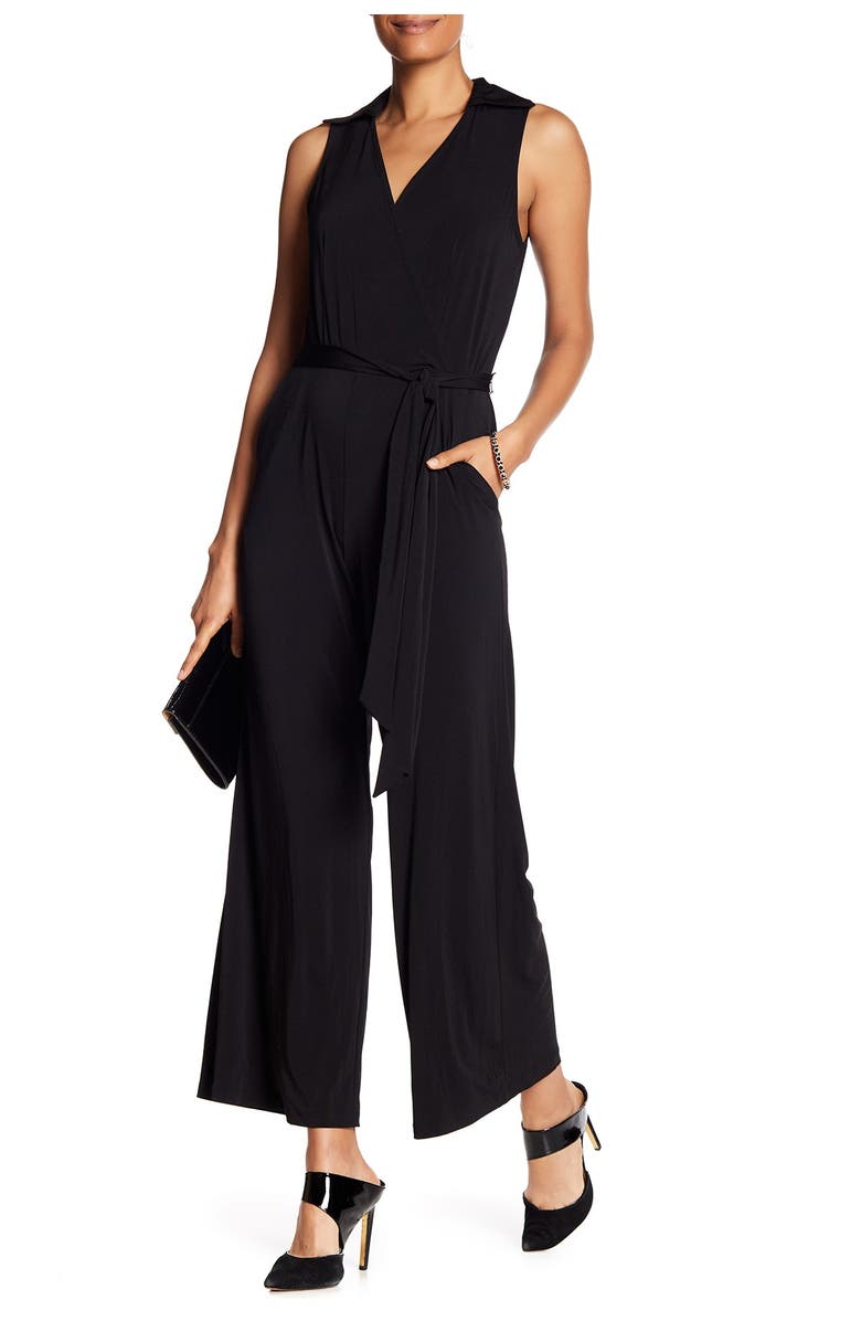 Nina Leonard Solid Tie Waist Jumpsuit, Main, color, Black