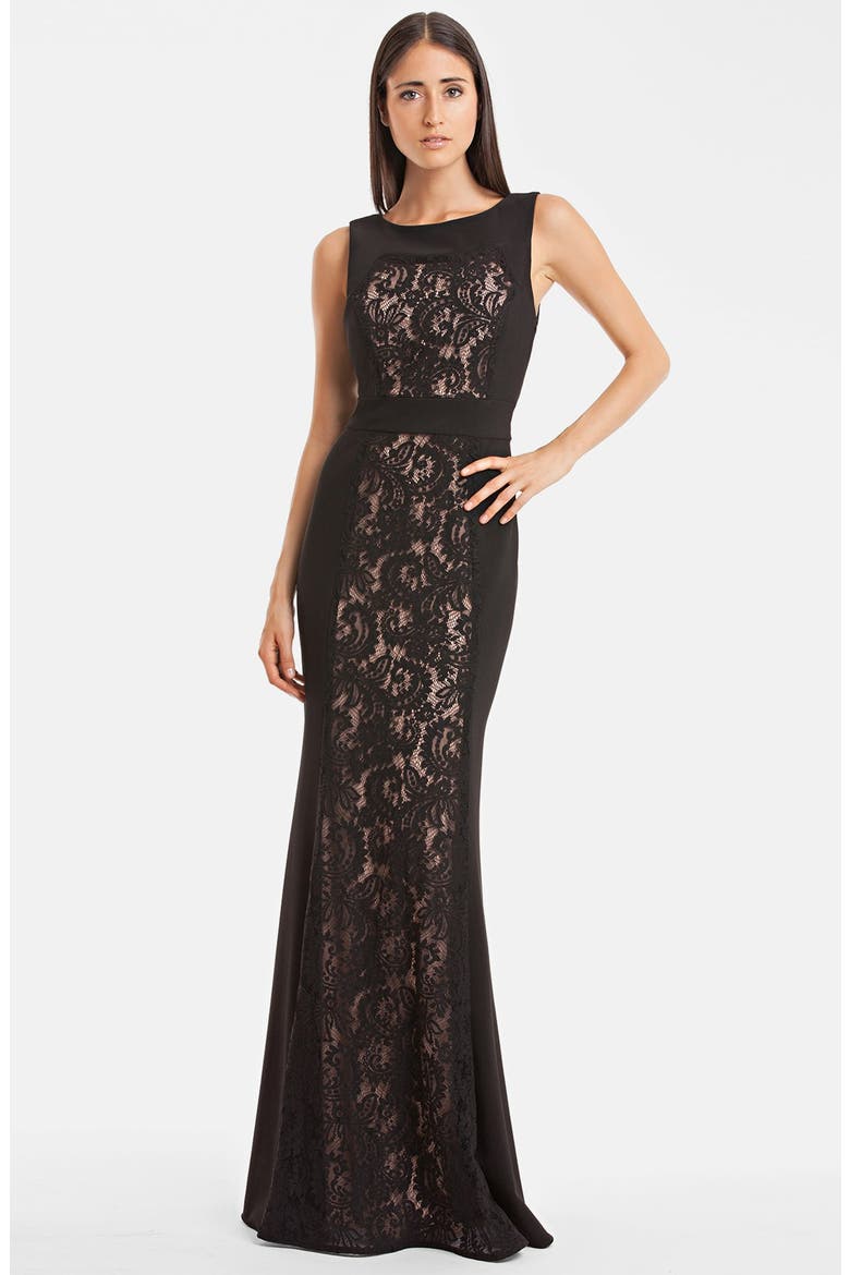 Ottoman & Lace Scoop Back Gown, Main, color, BLACK/ NUDE