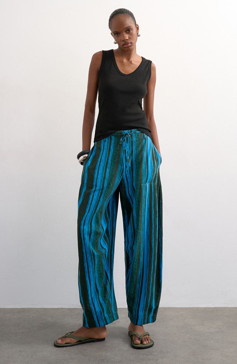Topshop Stripe Linen Blend Barrel Pants, Alternate, color, Mblue
