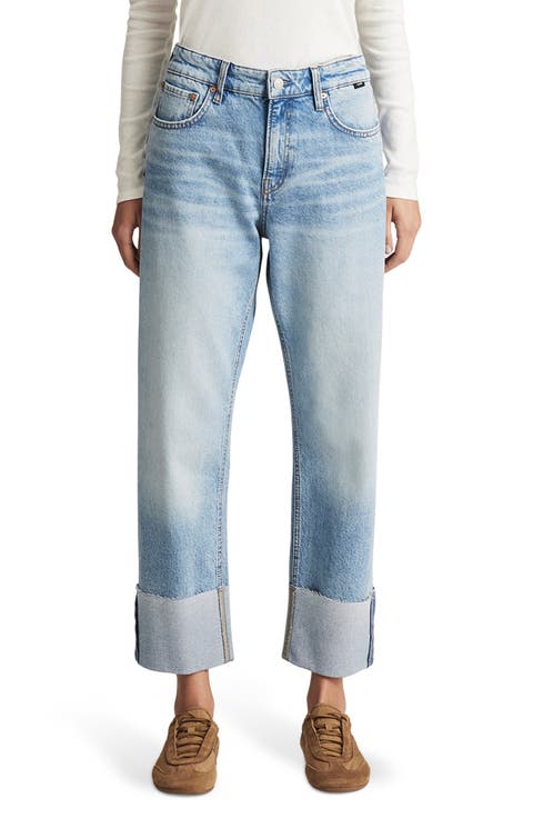 Savannah Cuffed High Waist Relaxed Straight Leg Jeans (Light Brushed Classic Blue)