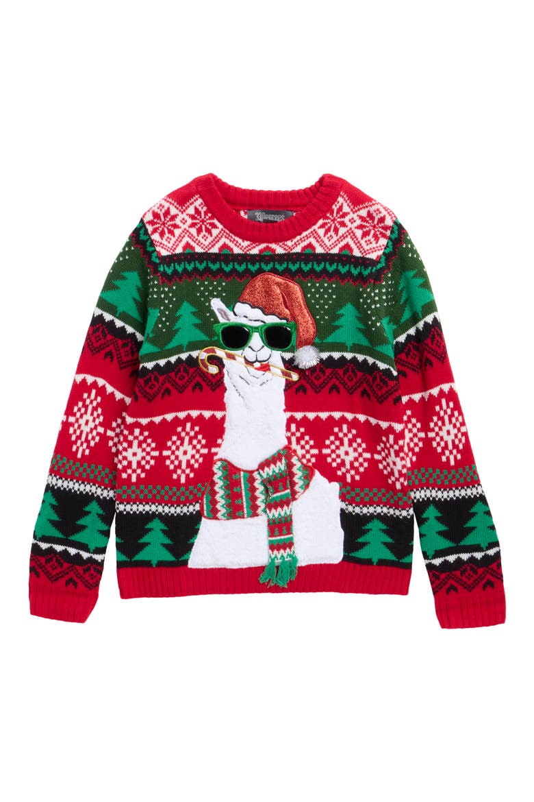 Kids' Happy Holidays Llama Sweater, Main, color, RED