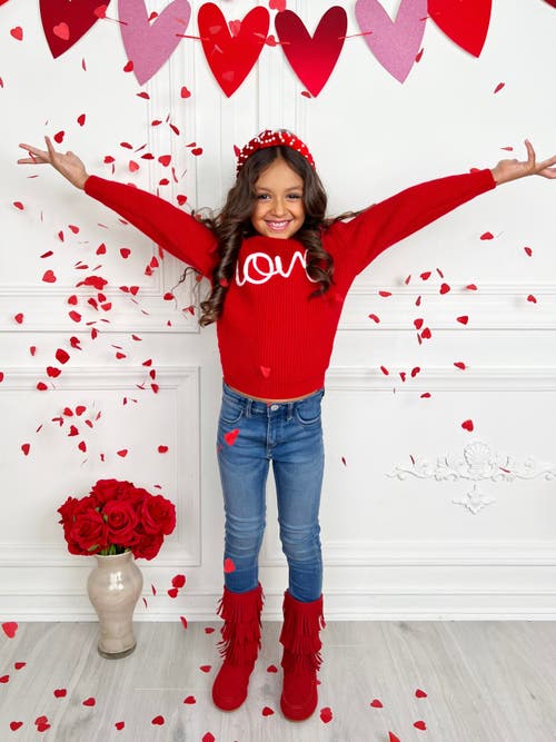 Mia Belle Girls Love At First Sight Embroidered Chunky Knit Sweater In Red