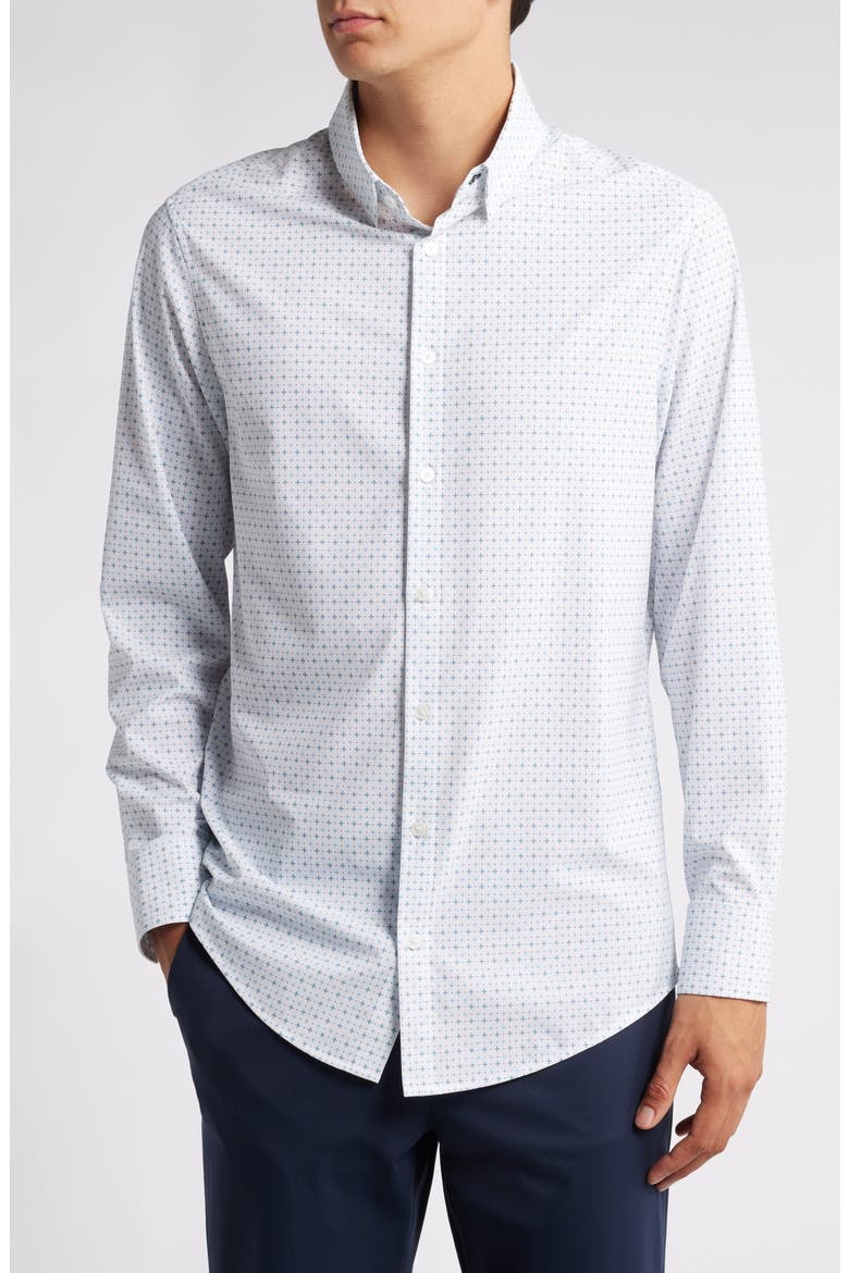 Leeward Trim Fit Print Performance Button-Up Shirt, Main, color, WHITE HATCH MARK