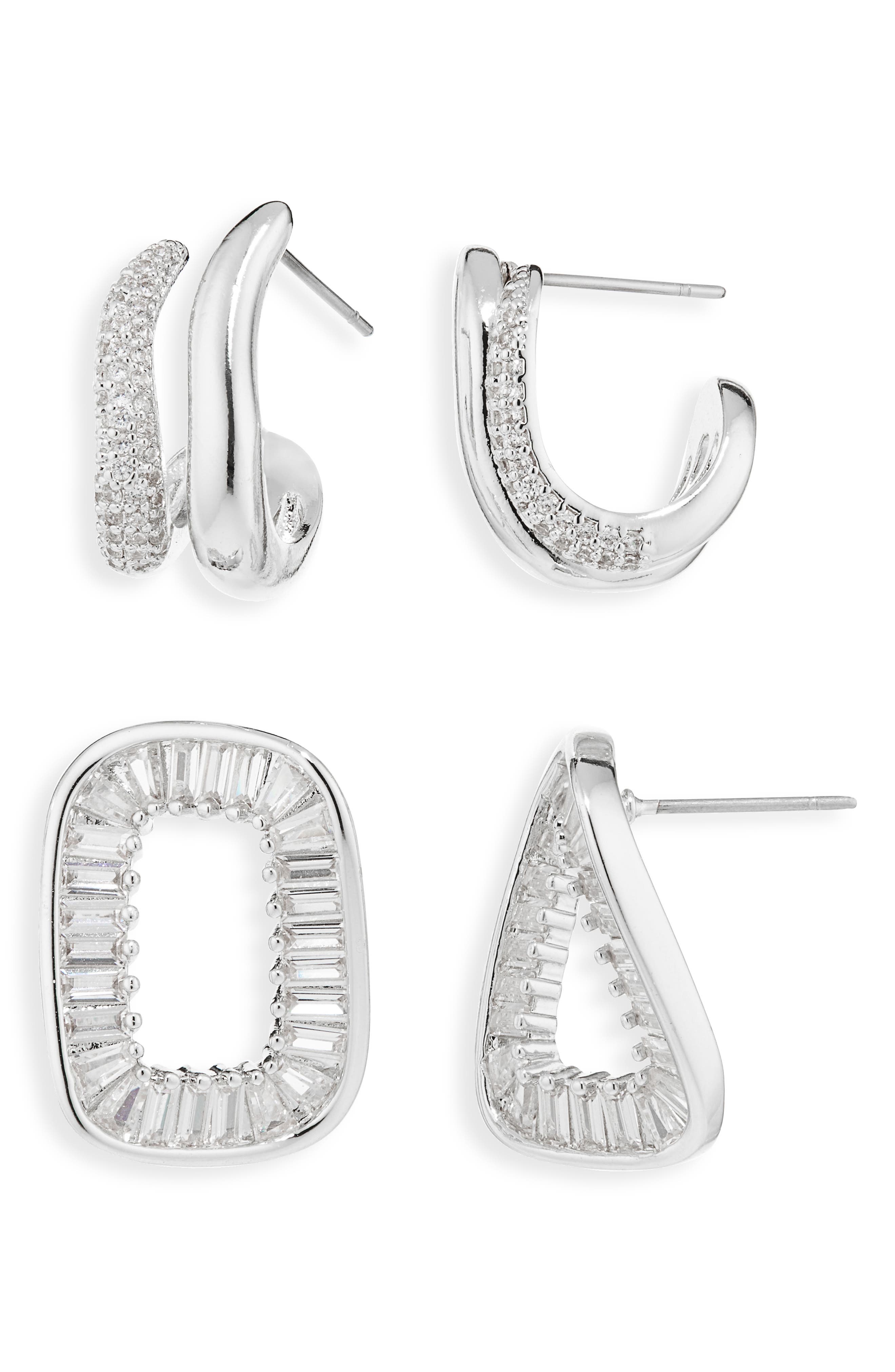 Cara Set of 2 Cubic Zirconia Twisted Huggie Hoop & Drop Earrings