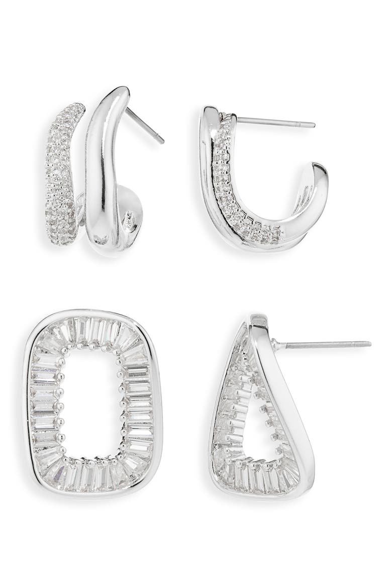Set of 2 Cubic Zirconia Twisted Huggie Hoop & Drop Earrings, Main, color, SILVER