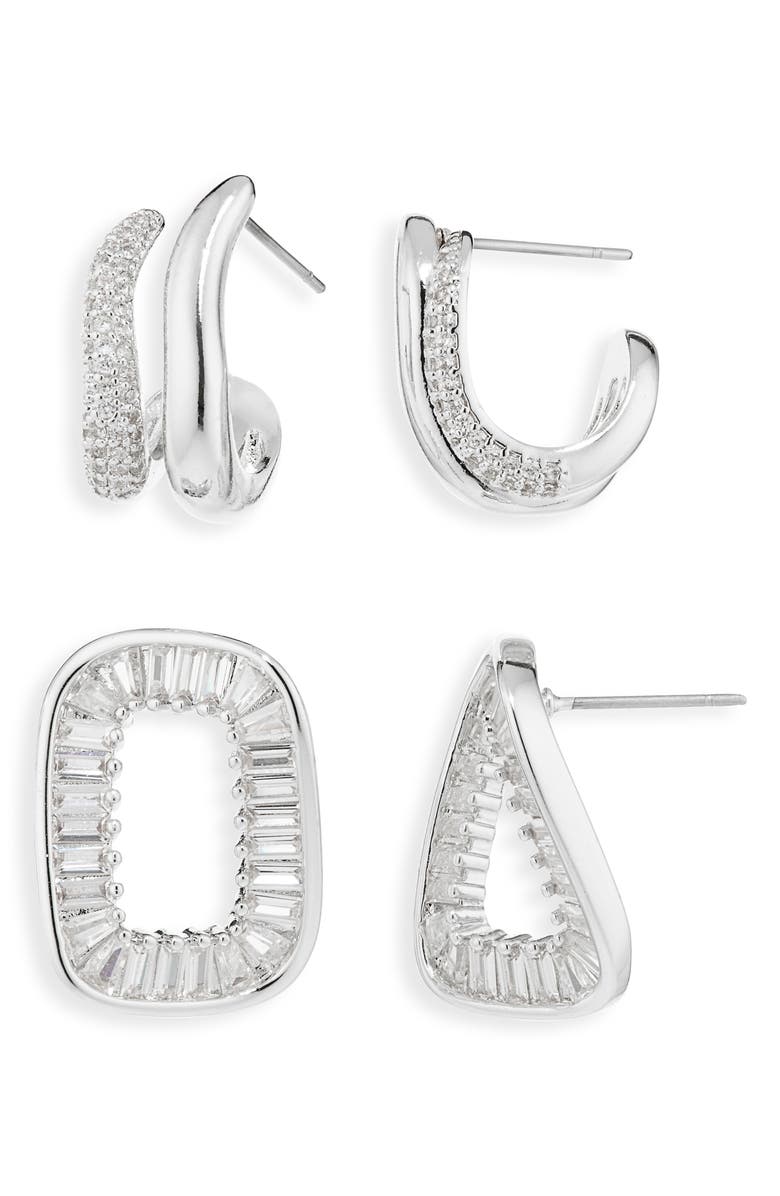 Cara Set of 2 Cubic Zirconia Twisted Huggie Hoop & Drop Earrings, Main, color, Silver
