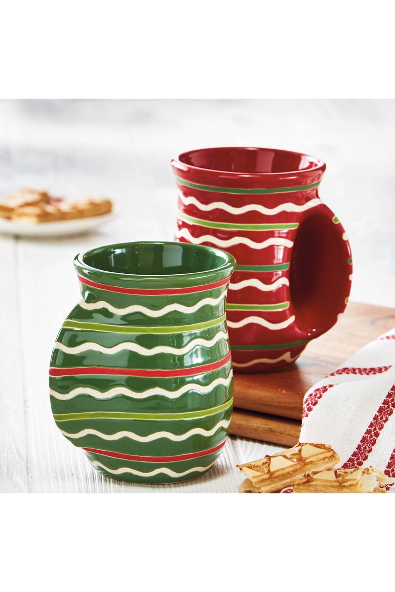 Festive Stripe Handwarmer Mug Green Multi Ceramic Drinkware, Alternate, color, Green