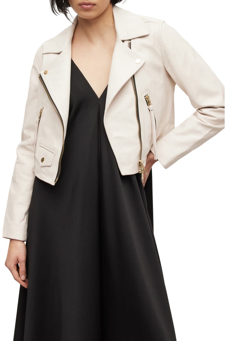 Elora Crop Leather Biker Jacket, Main, color, IVORY WHITE