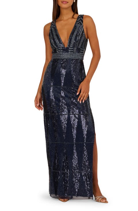 Plunge Neck Beaded Gown
