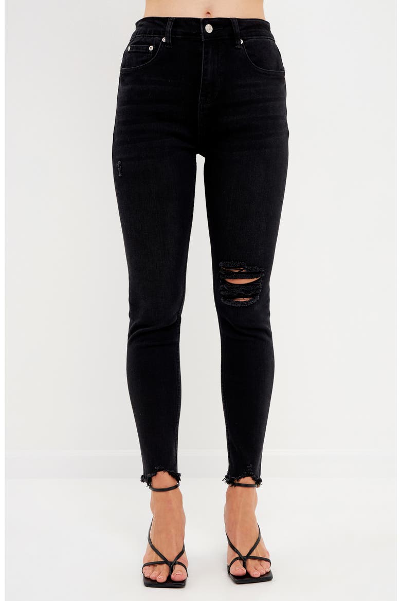 Destroyed Raw Hem Skinny Jeans, Alternate, color, BLACK