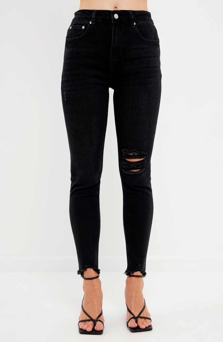 Grey Lab Destroyed Raw Hem Skinny Jeans, Alternate, color, Black