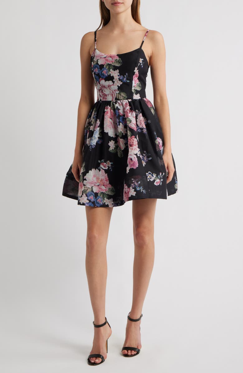 Lipsy Floral Minidress, Main, color, Black