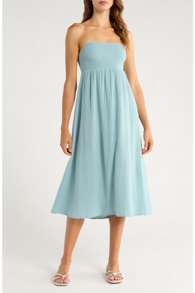 Off the Coast Smocked Bodice Cotton Midi Dress, Main, color, BLUE FOG