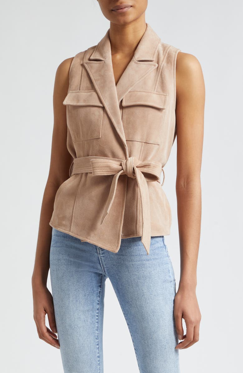 L'AGENCE Arbor Belted Wrap Front Suede Vest, Main, color, Cashew