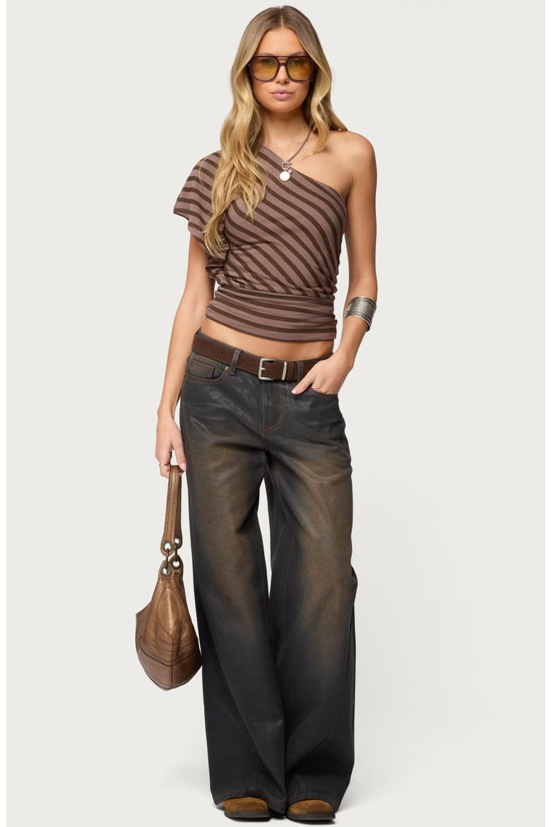 Stripe One-Shoulder Crop Top, Alternate, color, BROWN