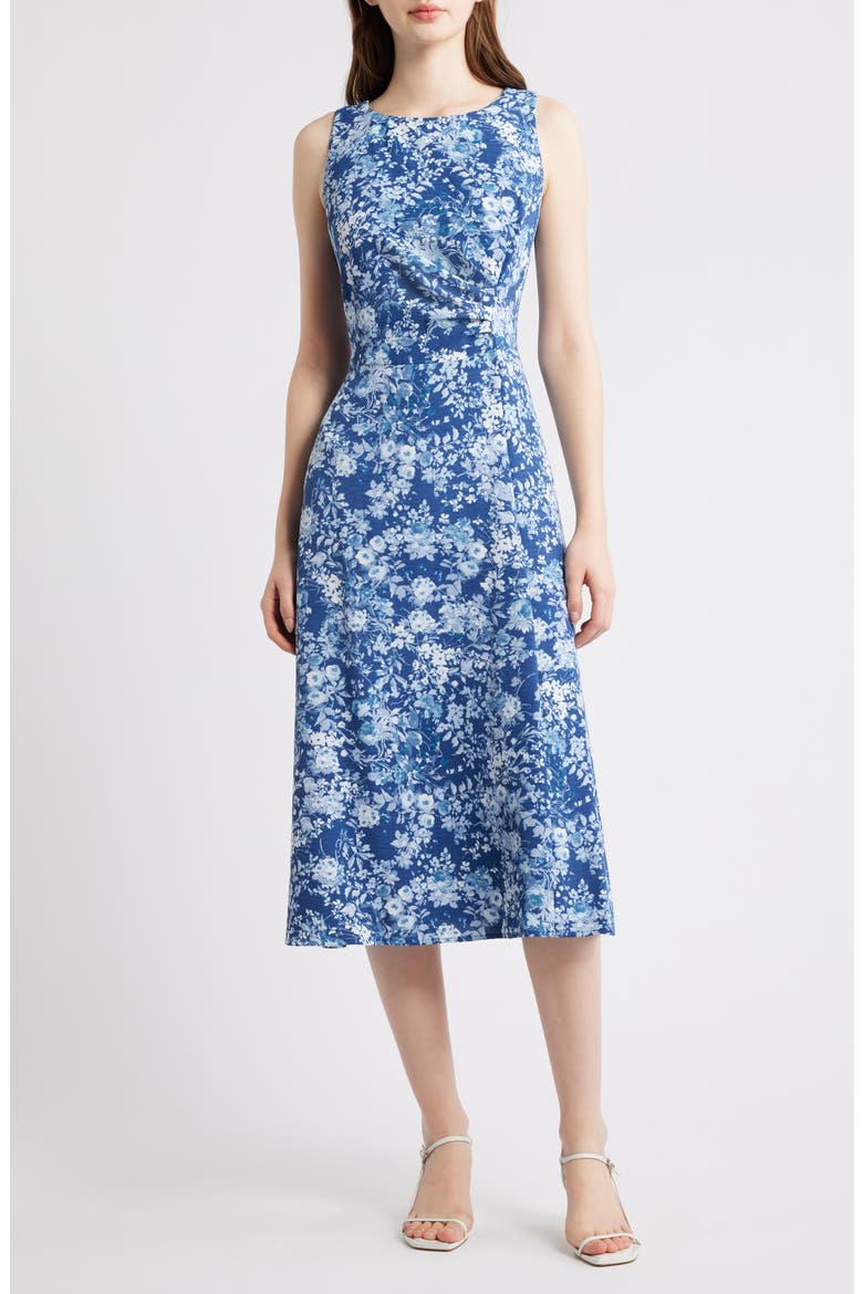 Floral Pleat Waist Sleeveless Midi Dress, Main, color, DEMIN