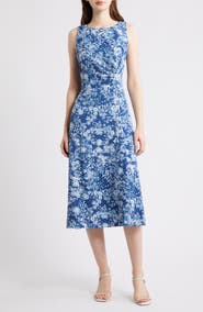 Connected Apparel Floral Pleat Waist Sleeveless Midi Dress