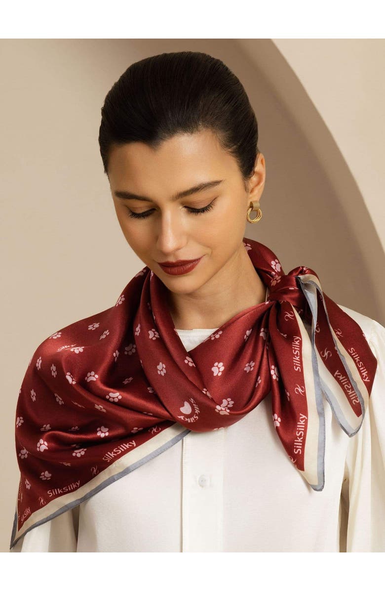 SILKSILKY Pure Silk Paw Print Square Scarf, Alternate, color, Wine
