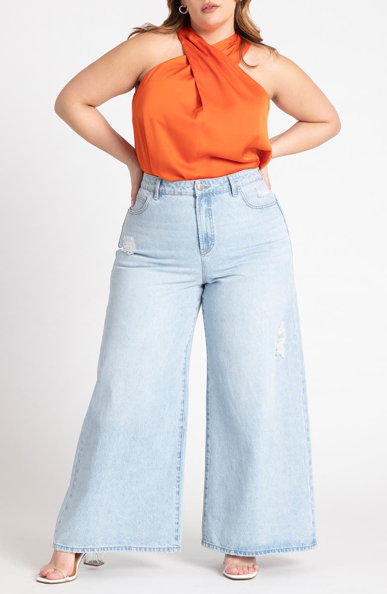 ELOQUII Twist Neck Satin Top, Alternate, color, 