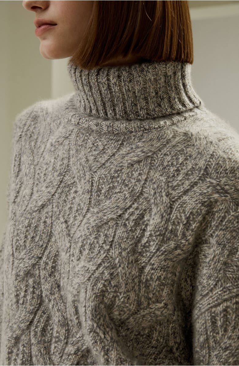 Lilysilk Women's Cable-Knit Cashmere Turtleneck Sweater, Alternate, color, Camel Gray