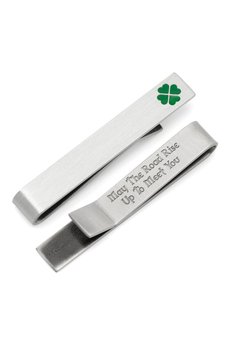 Shamrock & Message Tie Bar, Main, color, SILVER