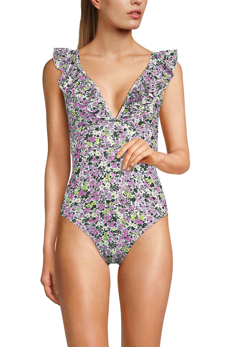 Pique Ruffle One Piece Swimsuit, Main, color, White Multi Ditsy Floral