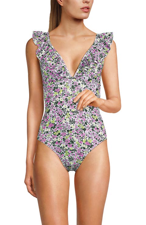 Lands' End Pique Ruffle One Piece Swimsuit
