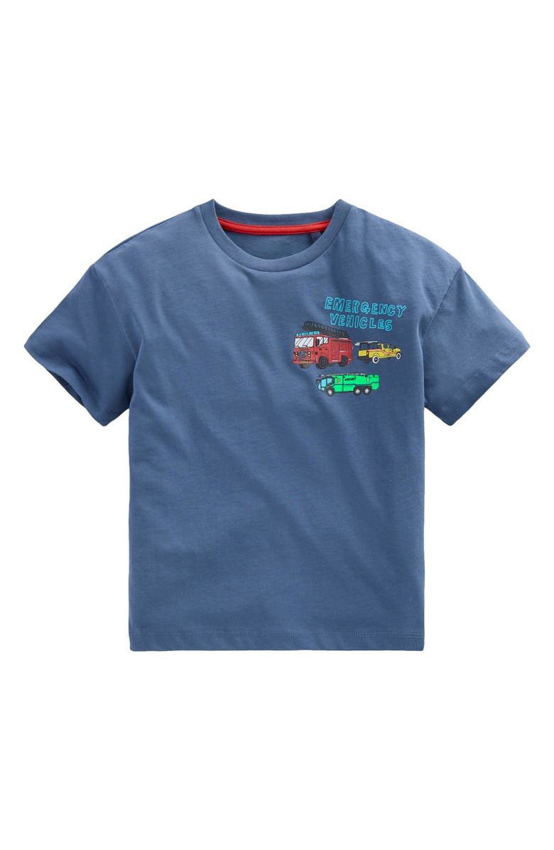 Mini Boden Kids' Rescue Vehicles Cotton Graphic T-Shirt, Main, color, Vintage Indigo Truck