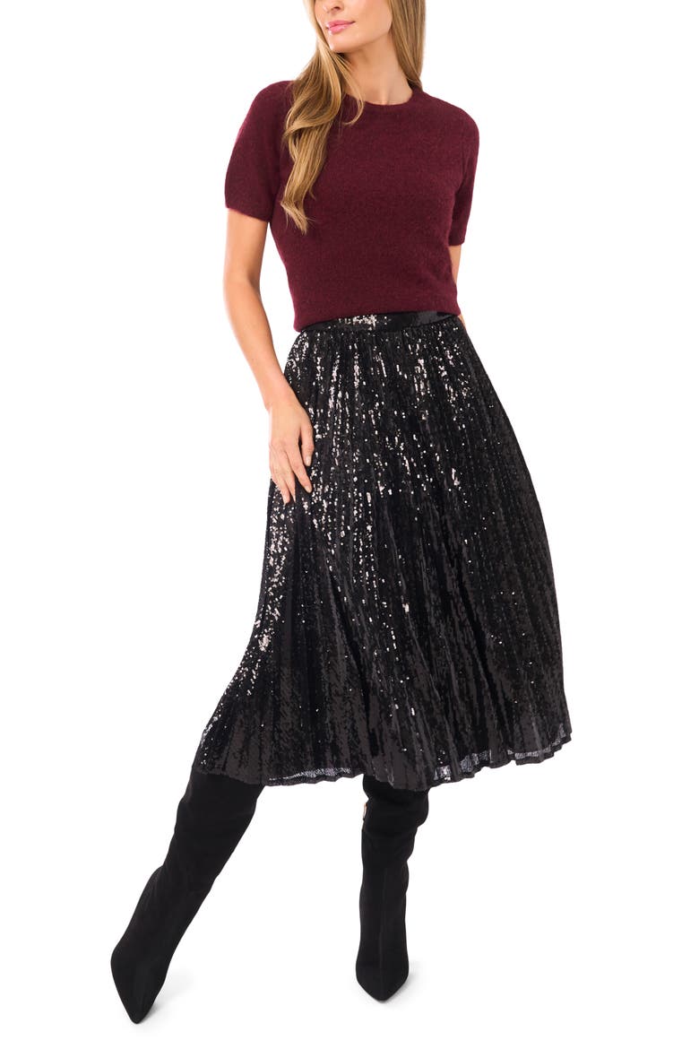Sequin Pleated Midi Skirt, Alternate, color, RICH BLACK